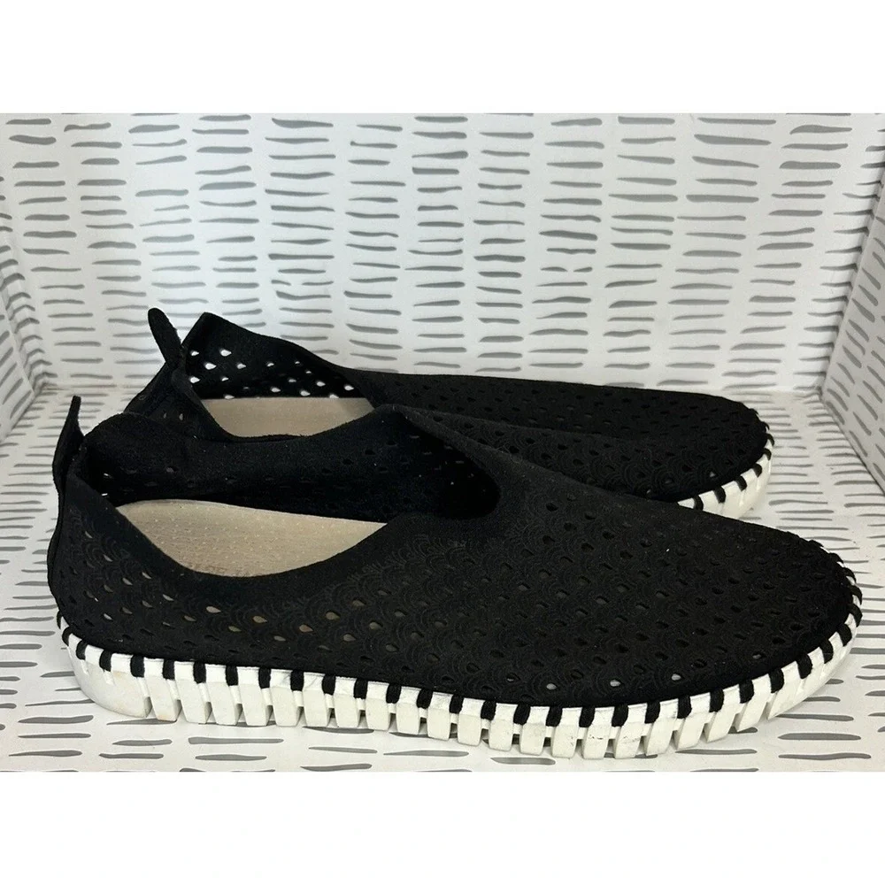 Ilse Jacobsen Tulip 139 Black Laser Cut Perforated Slip On Loafers Women 38 7.5